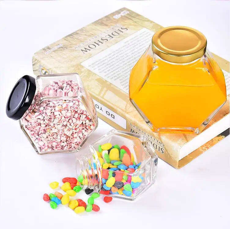 100ml 180ml 280ml 360ml 500ml hexagonal honey glass jar with wooden cap and stick