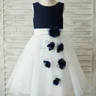 Navy Blue Satin Ivory Tulle Wedding Flower Girl Dress with Handmade 3D Flowers