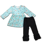 Sky Blue Cotton Long Sleeve Fox Printing Top And Black Icing Ruffle Pants Baby Girls Boutique Clothing Suit
