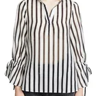 Women Custom Side Slits Long Sleeve Sheer Stripe Tunic Shirts