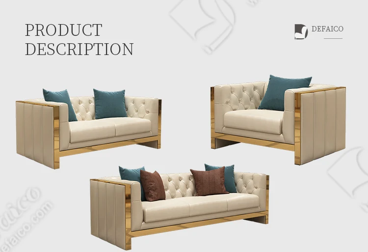 Modern Leather Upholstered Sofa Couch for the Living Room With Golden Stainless Steel Metal Leg Base