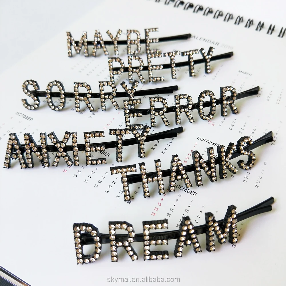 Clearance Sale Gun Black hair accessories clips alphabet letter word bo$$ vibes salty rhinestone letters clips pin with letter