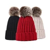 2019 Knitted Hats for The Winter with 12CM Silver Fox Fur Ball Tops Women Acrylic Russian Cap Beanies Casual Women's Fur Hat