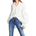 Women Spread Collar Polyester Oversized Tunic Long Shirt with Puffy Sleeves