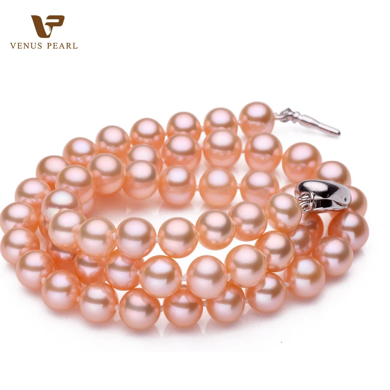 Allure PINK pearl NECKLACE natural freshwater pearl Chains necklace with SILVER clasp 9-10mm Fine Jewelry VPKXL-13