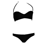 AOBISU Women's Sexy Tie Shoulder Strap Bikini Bra & Bottom Triangle Bikini Swimsuits Jacquard Knitted Fabric Black Color