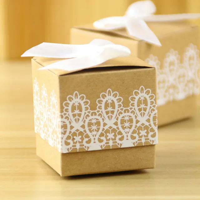 white lace wedding favor gift boxes kraft paper box with ribbon