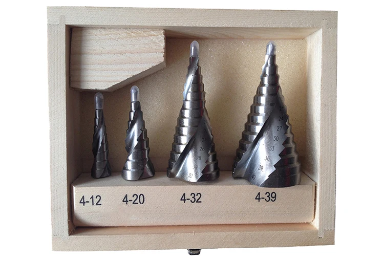 4Pcs Metric Three Flats Shank Spiral Flute Bright Step Drill Bit Set for Sheet Metal Tube Drilling in Wooden Case