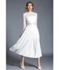 Flower Lace Top Long Sleeves Mock Neck White Bridesmaid Ladies Pleated Dress