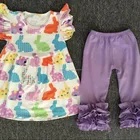 Easter children clothing set purple outfits girl kid rabbit pattern baby party clothes