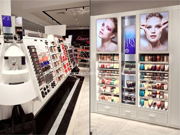 Professional Wall Mounted Showcase Shelving Cosmetic Shop Interior Design Luxury Cosmetics Shop Interior Design