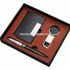 High quality wholesale promotion gift luxury custom PU leather card holder pen and keychain business gift set