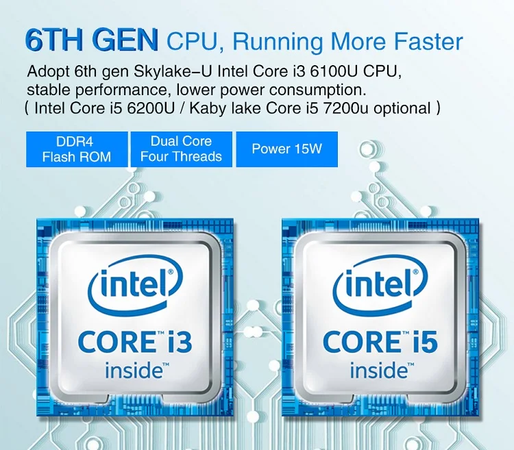 英特尔 skylake 酷睿 i3 6100u i5 7200u 无风扇迷你 pc,6 usb3.