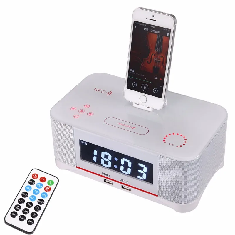 Hot A8 Touch Radio Alarm Clock Bluetooth Speaker with docking System,Portable Dock Station Stereo A8 FM AUX NFC Dual USB speaker - ANKUX.COM