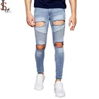 Hot selling men super skinny ripped denim pants china factory custom distressed hole stretch jeans