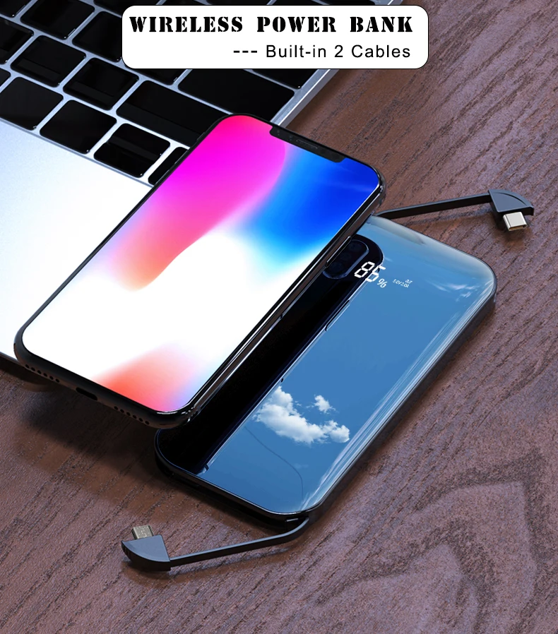 Built-in 2 cables wireless power bank quick charger mobile phone fast charging portable powerbank - ANKUX.COM