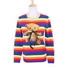 Custom ODM Teddy Bear Intarsia Rainbow Strips Women Cloth Pullover Sweater