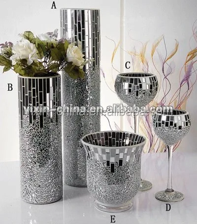Silver Mirror Glass Mosaic Vase,Crakle Candle Holder For Wedding ...