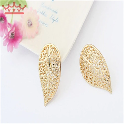 2015 New Leaf Shape Gold Plated Button Double Stud Earrings Trendy Fashion Jewelry For Women 8010E0028