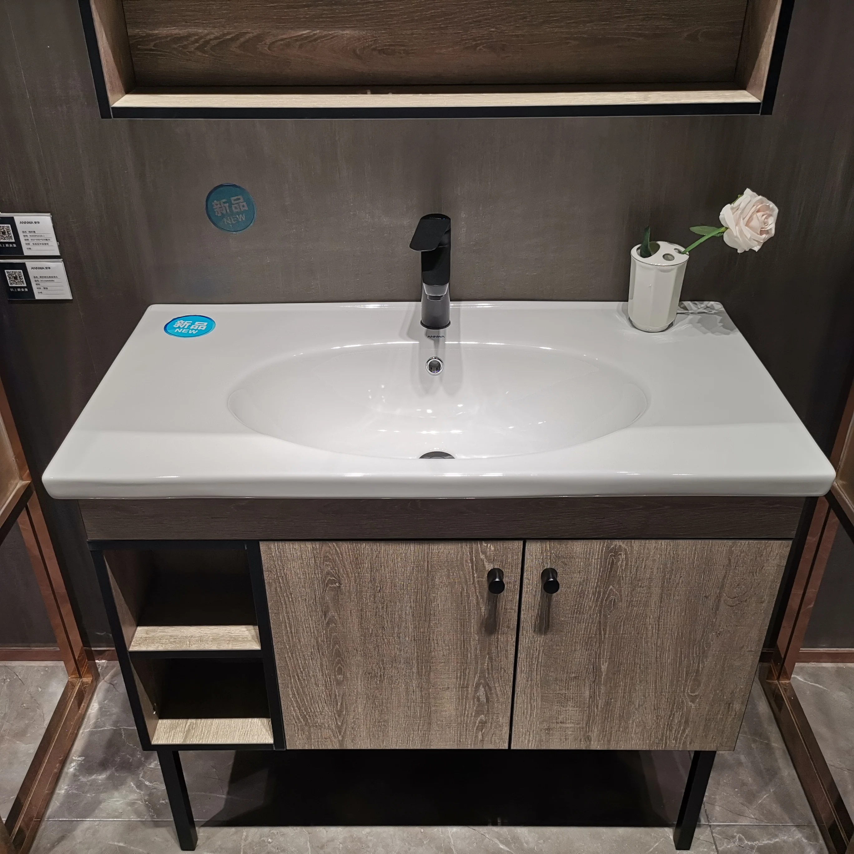 ANNWA N95G15 Ceramic White Square Bathroom Single Hole Bathroom Cabinet Wash Basin