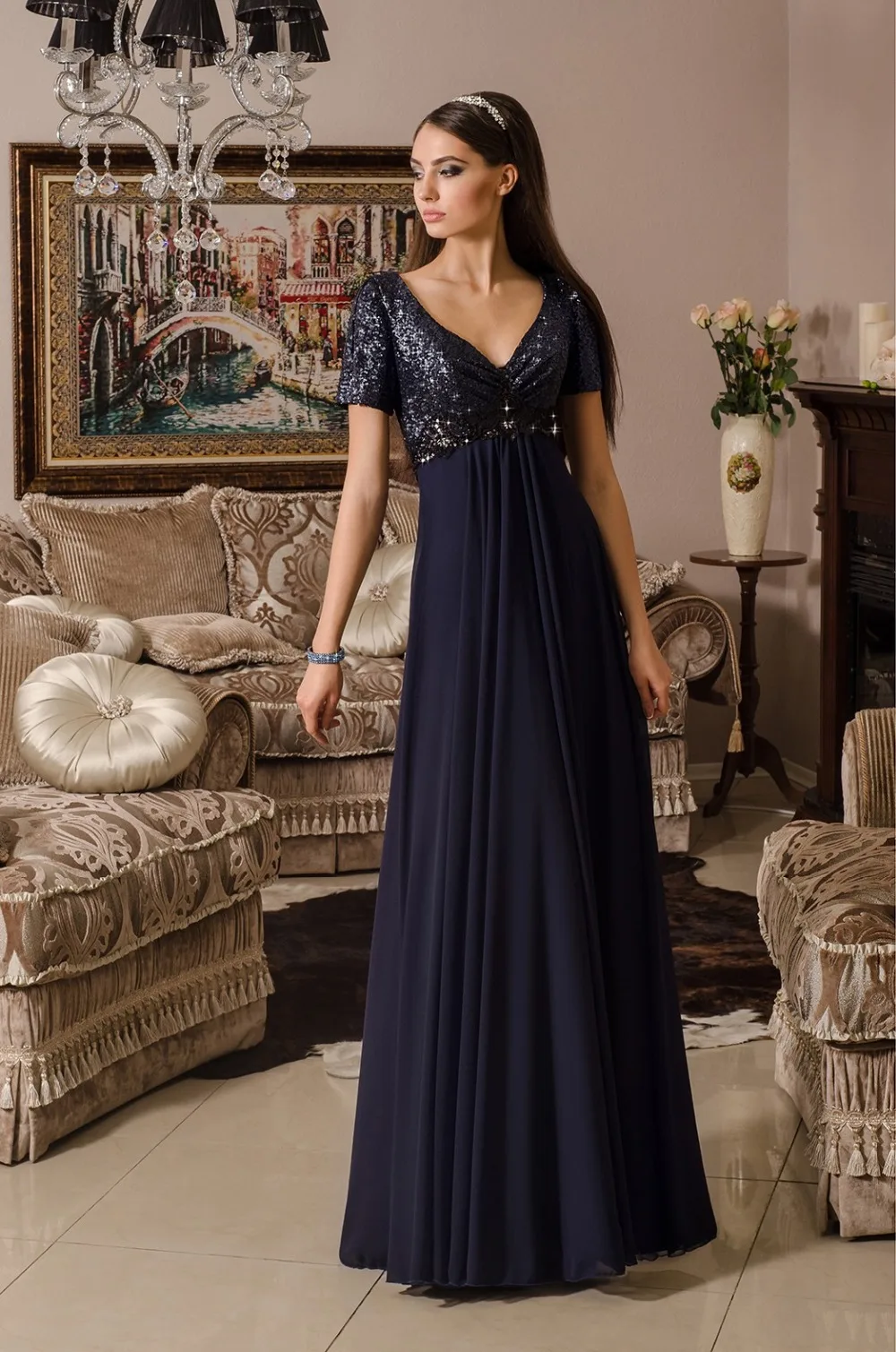 Akd-05 Plus Size Formal Party Evening Gown 2015 Navy Blue Sequins