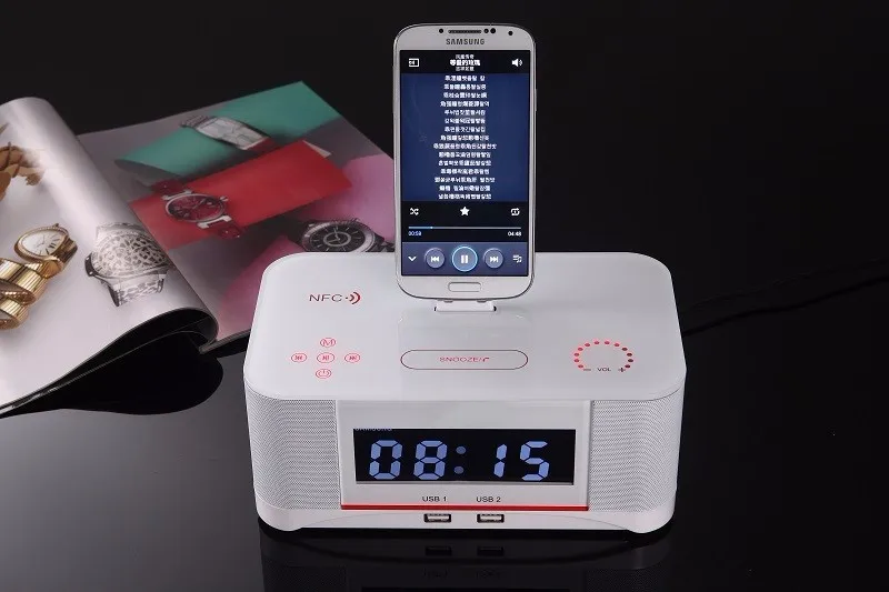 Hot A8 Touch Radio Alarm Clock Bluetooth Speaker with docking System,Portable Dock Station Stereo A8 FM AUX NFC Dual USB speaker - ANKUX.COM
