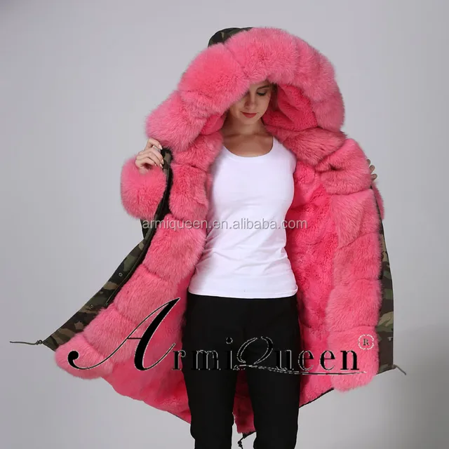 camouflage green pink fur parka fluffy fox fur hood cuff pink