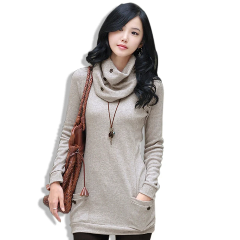 Women turtleneck Middle long Knitted Sweater Black Double Pockets Pullover 2015 Korean Fashion Solid Autumn Knitwear pull femme
