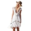 Flower embroidered knee length summer women clothes ruffled cap sleeves casual ladies short boho white dress