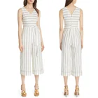 Clothes women striped linen jumpsuit for sleeveless v neck with belt