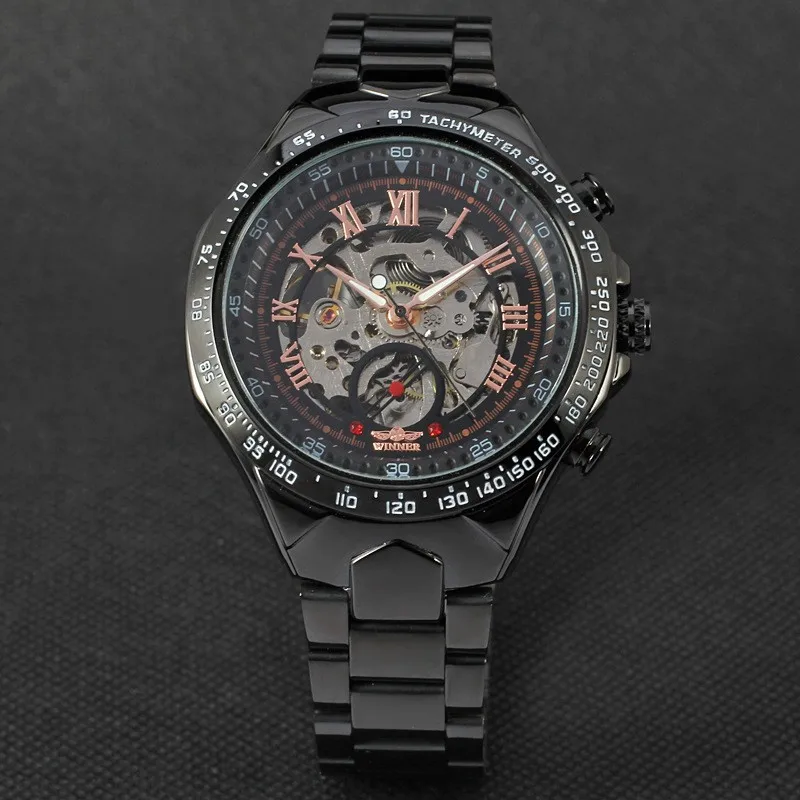 2016 New Hot Sale Skeleton Hollow Fashion Mechanical Self Wind Men Luury Male Business Gold Stainless Steel Strap Wrist Watch