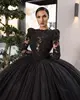 2019 Modern Black Evening Gowns Long Sleeve Lace Appliqued Tiers Skirt Luxury Prom Dresses Formal Party Vestido de noche