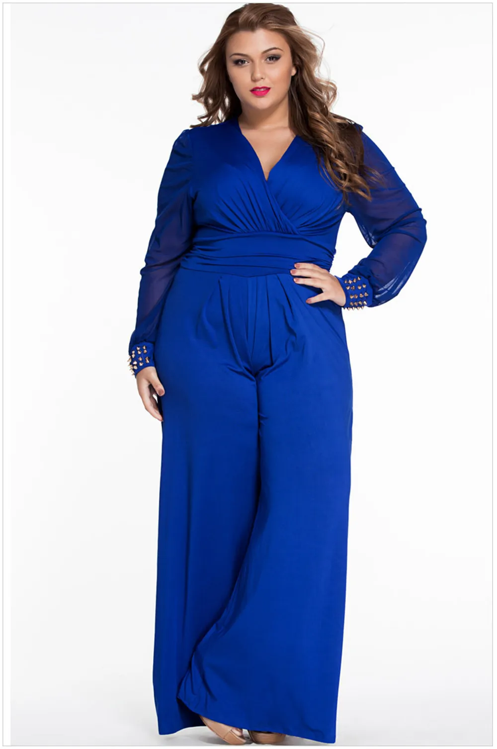 Sexy Deep V-neck Embellished Cuffs Jumpsuit 2018 Spring Party Mesh Sleeves Loose Club Pant Long Black Rompers Womens Jumpsuit (1)