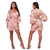 2018 New Arrivals Autumn Fashion Women Sexy Cross V-Neck Layer Sleeve Belted Silk Shiny Party Mini Dress