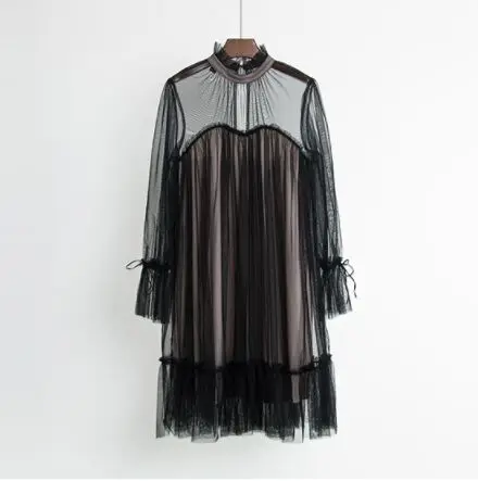 Autumn Graceful Aesthetic Loose Mesh Sweet Dress Mock Neck Collar Stringy Selvedge Slim Pleated Lace Solid Princess Doll Dress7