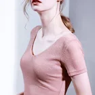 Wholesale Latest design Mesh short-sleeved lady tops skin tight V-NECK women t shirt cheap
