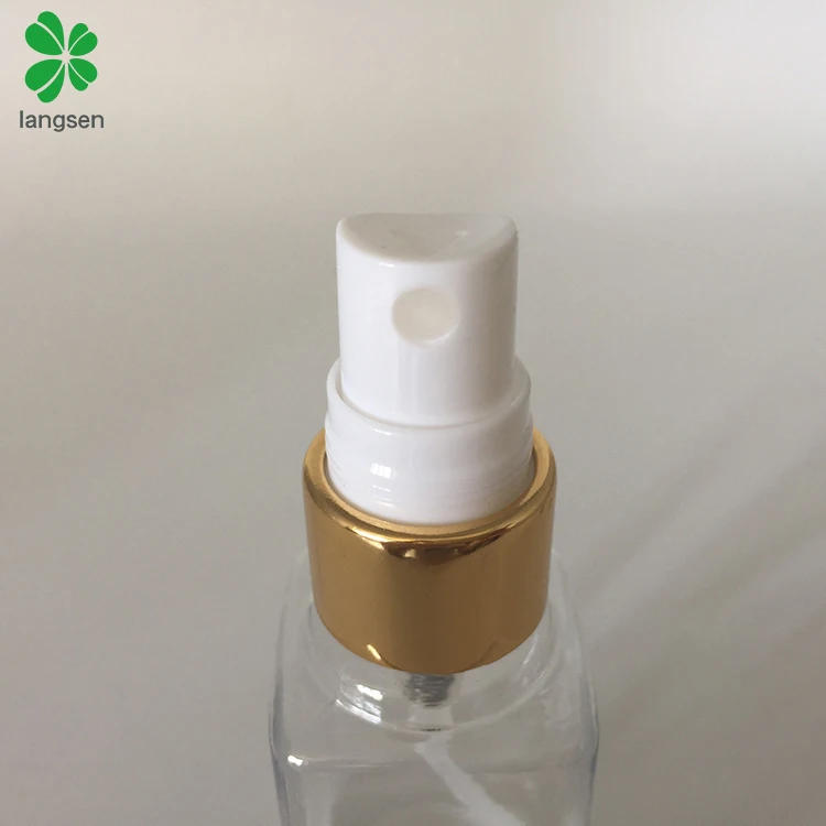 Hot selling PET 40ml square spray bottle with gold mist sprayer cap, perfume bottle