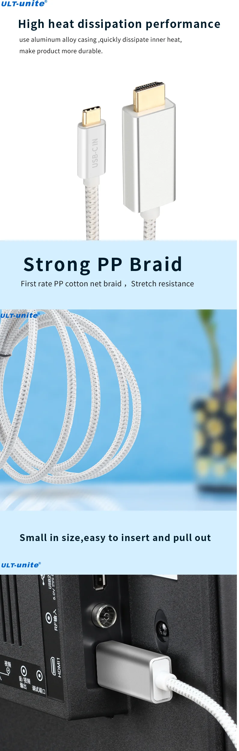 High Quality Type C to HDMI Cable 4K 60Hz for 2m Long Braided Wire mesh aluminum shell gold plated - ANKUX.COM