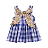 Cute plaid baby girls summer dress with floral bow fashion girls blue frocks casual children vest dress for girls party dresses