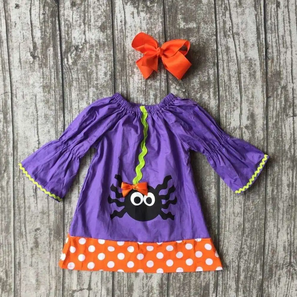 baby girls spider dress girls Halloween woven fabric dress children kids Halloween party dress purple dress with clipbows