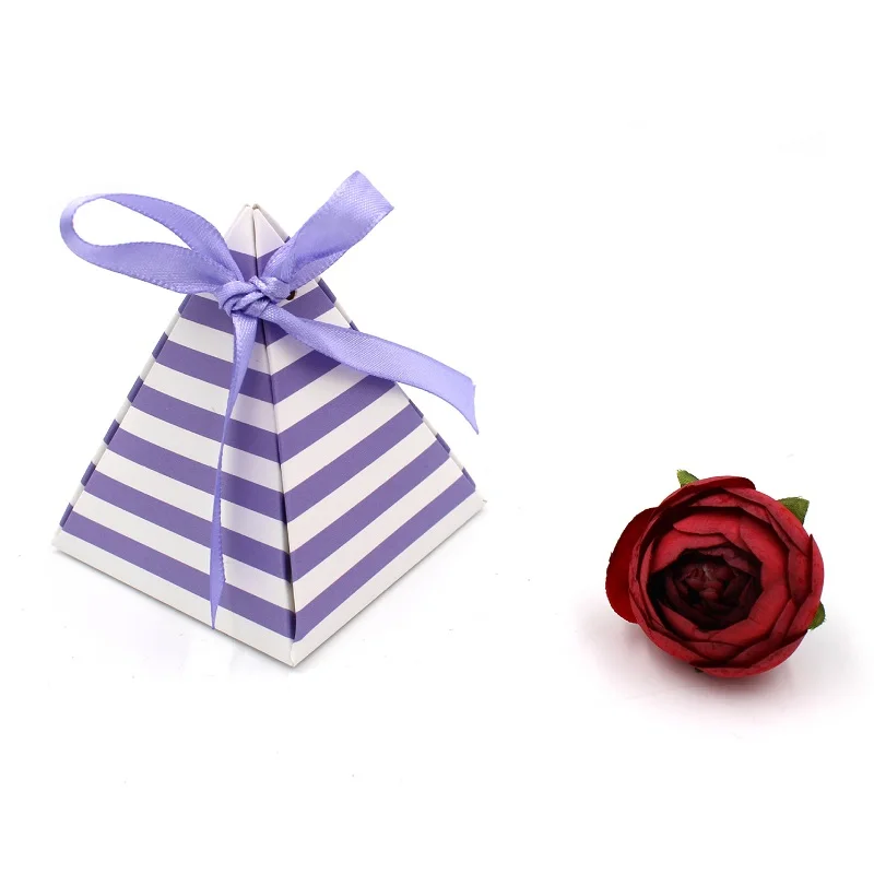 Newest Pyramid Candy Boxes With Ribbon Striped Gift Box For Guests Wedding Party Favor Decora Baby Shower Birthday Party (4)