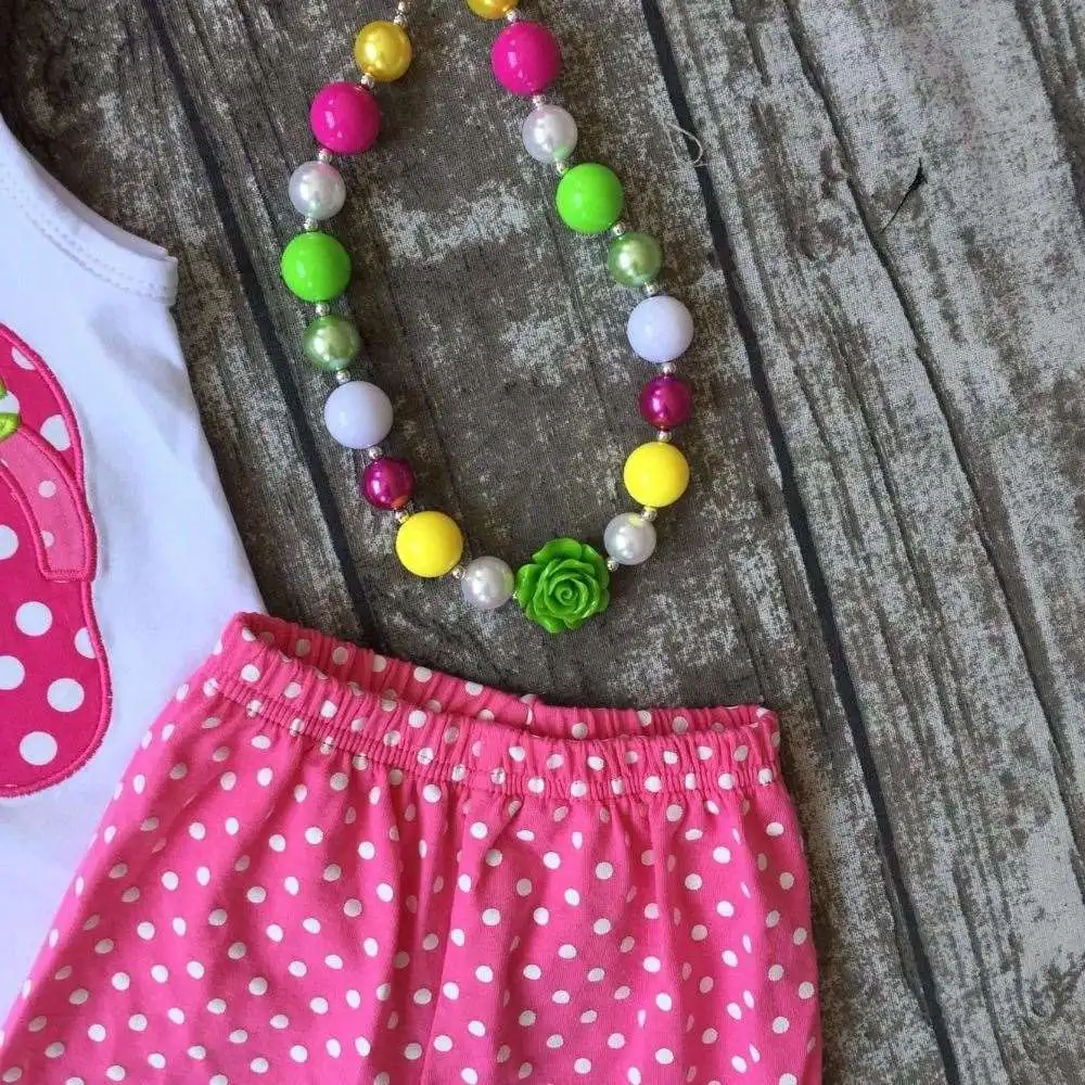 Baby girls ruffles shorts clothing suit summer Slipper cotton outfits kids set hot pink polka dot with matching accessories