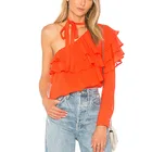 2018 Womens Fashion Clothes One Shoulder Top Ruffle Chiffon Blouse