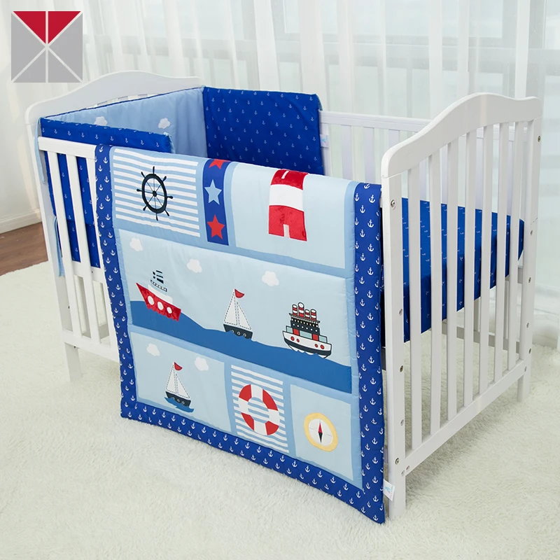 Navy Blue Cartoon Ship Applique Cotton Baby Crib Bedding Boy Buy