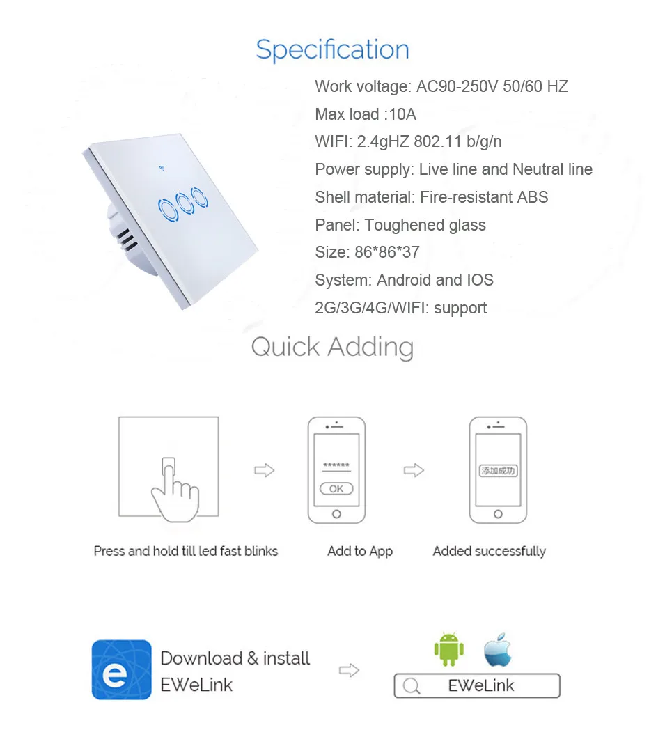 Ewelink EU Type 1 2 3 Gang Wifi Remote Switch via Android IOS,Wireless Control Light Touch Wall Switch for Smart Home,Work with Amazon Alexa, Google home-9