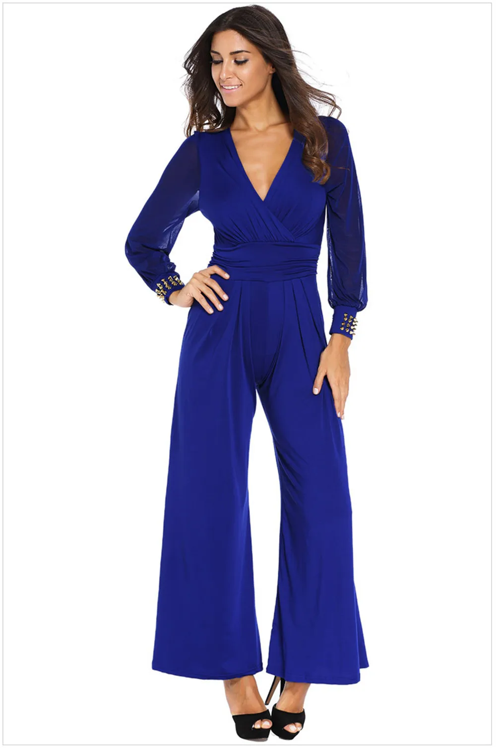 Sexy Deep V-neck Embellished Cuffs Jumpsuit 2018 Spring Party Mesh Sleeves Loose Club Pant Long Black Rompers Womens Jumpsuit (3)
