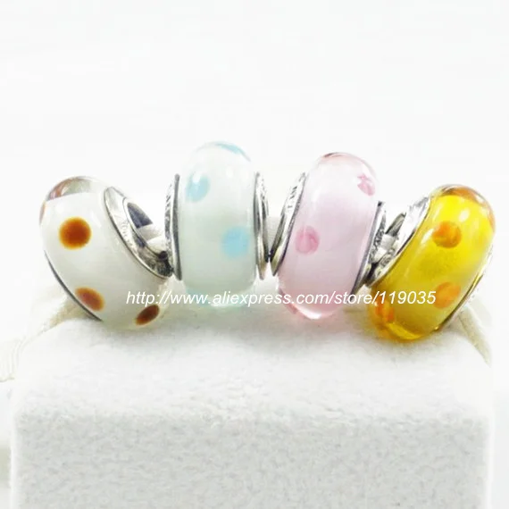 S925 Sterling Silver Polka Dot Murano Glass Bead Sets With Charm Box Fits European dora Jewelry Bracelets Necklaces & Pendants
