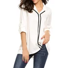 Wholesale White Contrast Color Split Round Neckline Long Sleeve Straight Chiffon Office Women Shirts