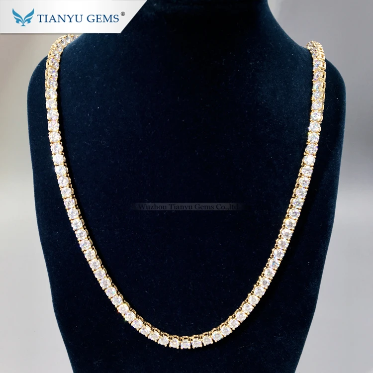 Tianyu Gem Luxury Man's Solid Gold Hiphop Jewelry 4.5mm Round Cut Moissanite Diamond Chain Tennis Necklace  