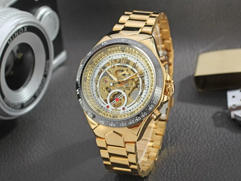 2016 New Hot Sale Skeleton Hollow Fashion Mechanical Self Wind Men Luury Male Business Gold Stainless Steel Strap Wrist Watch